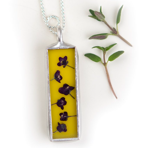 Necklace for Inez Yellow rectangle bar necklace with tiny purple flowers